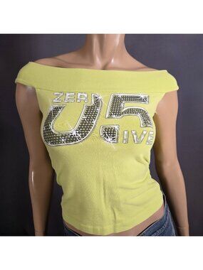 Y2K Off Shoulder Graphic Top Size M Lime Acid Green McBling Sporty Blokette